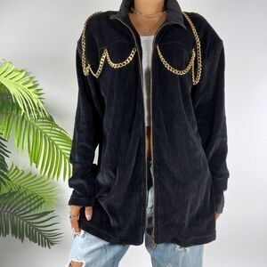 Vintage 90s Grunge Black Velvet Indie Streetwear Oversized Chain Jacket / M